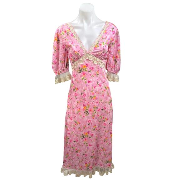 NEW Lait Collection Pink Floral Puff Sleeve Ruffle Lace  A Line Maxi Dress XS - Picture 2 of 6